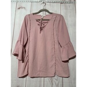 Belinda USA Womens Lace Up V-Neck Crochet Trim Ruffle Sleeve Blouse Dusty Rose L